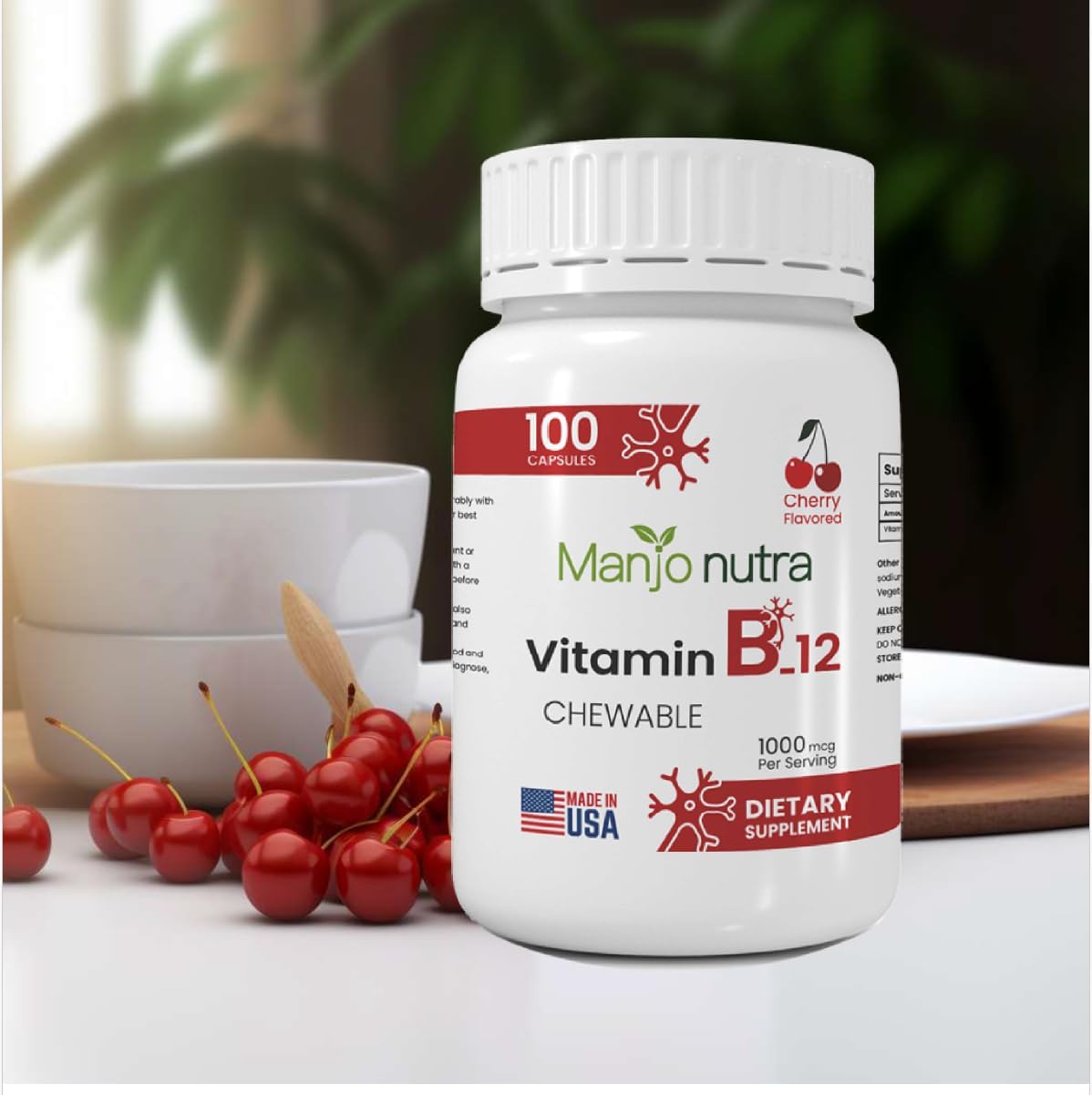 Cherry Flavored Halal Vitamin B-12 Chewable Tablets - 1000 mcg, Vegetarian & Vegan - 100 Tablets