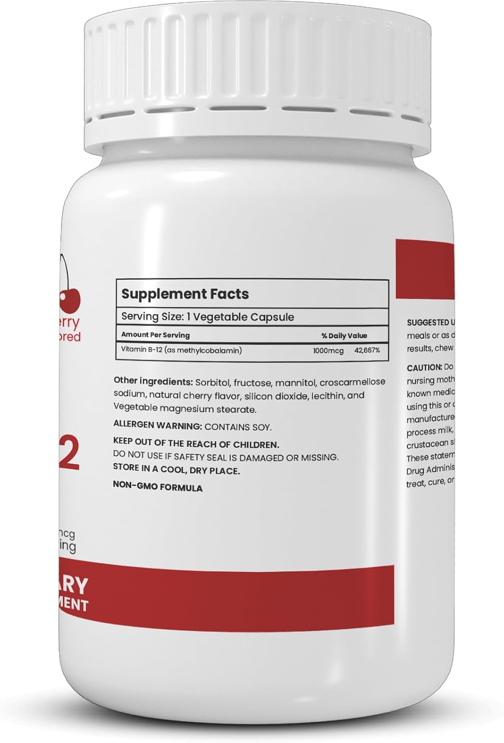 Cherry Flavored Halal Vitamin B-12 Chewable Tablets - 1000 mcg, Vegetarian & Vegan - 100 Tablets