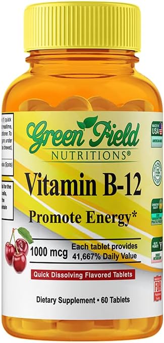 Cherry Flavored Halal Vitamin B12 Tablets for Energy & Brain Health - Greenfield Nutritions Sublingual 1000mcg B12 - 60 Tablets