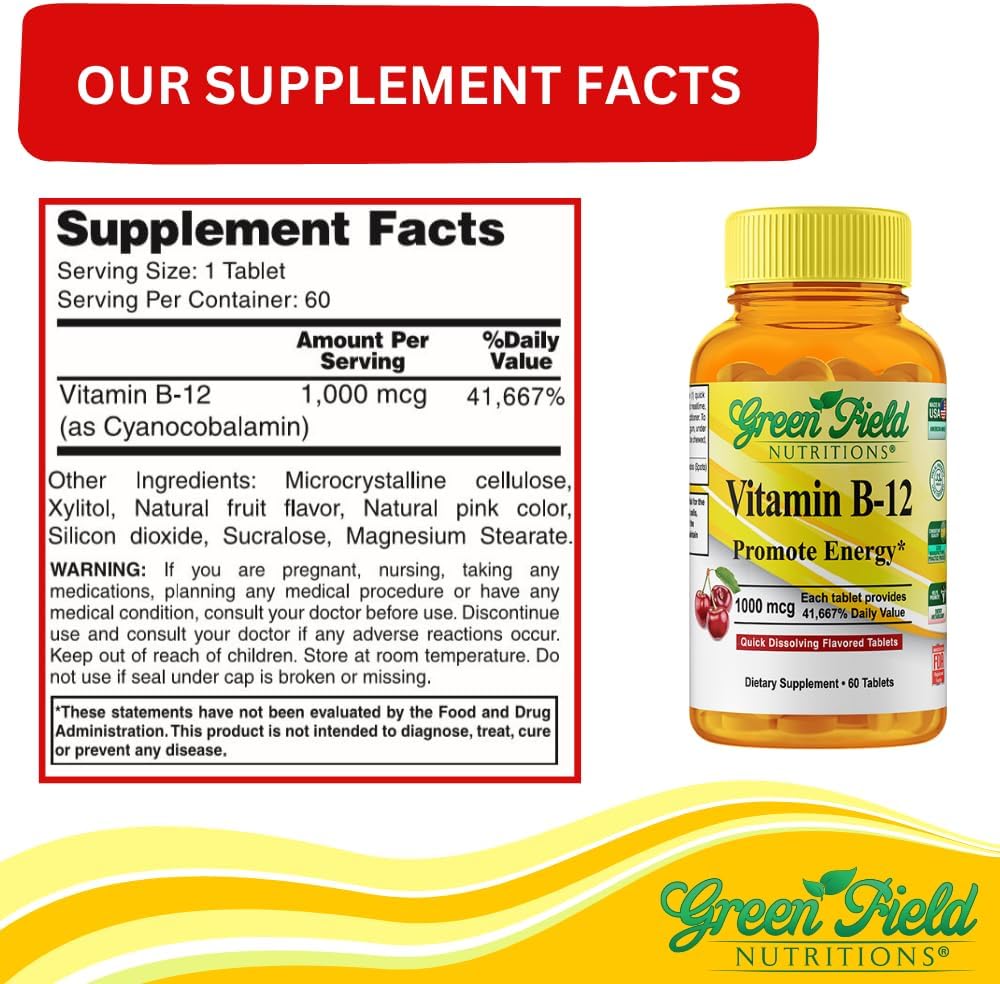 Cherry Flavored Halal Vitamin B12 Tablets for Energy & Brain Health - Greenfield Nutritions Sublingual 1000mcg B12 - 60 Tablets