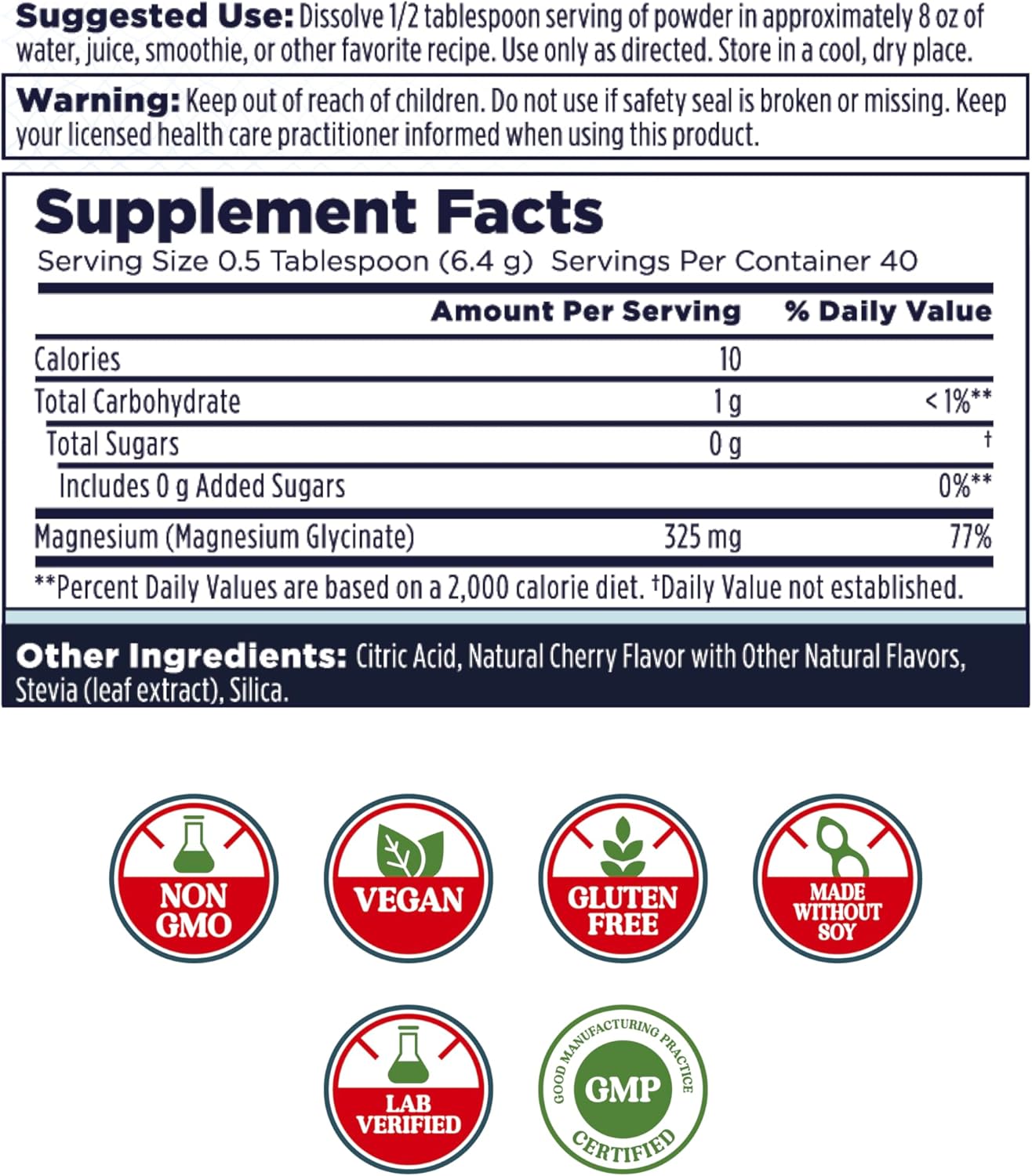 Cherry Flavored KAL Calming Magnesium Powder - High Absorption Vegan Supplement, Relaxation Support - 40 Servings, 9 oz
