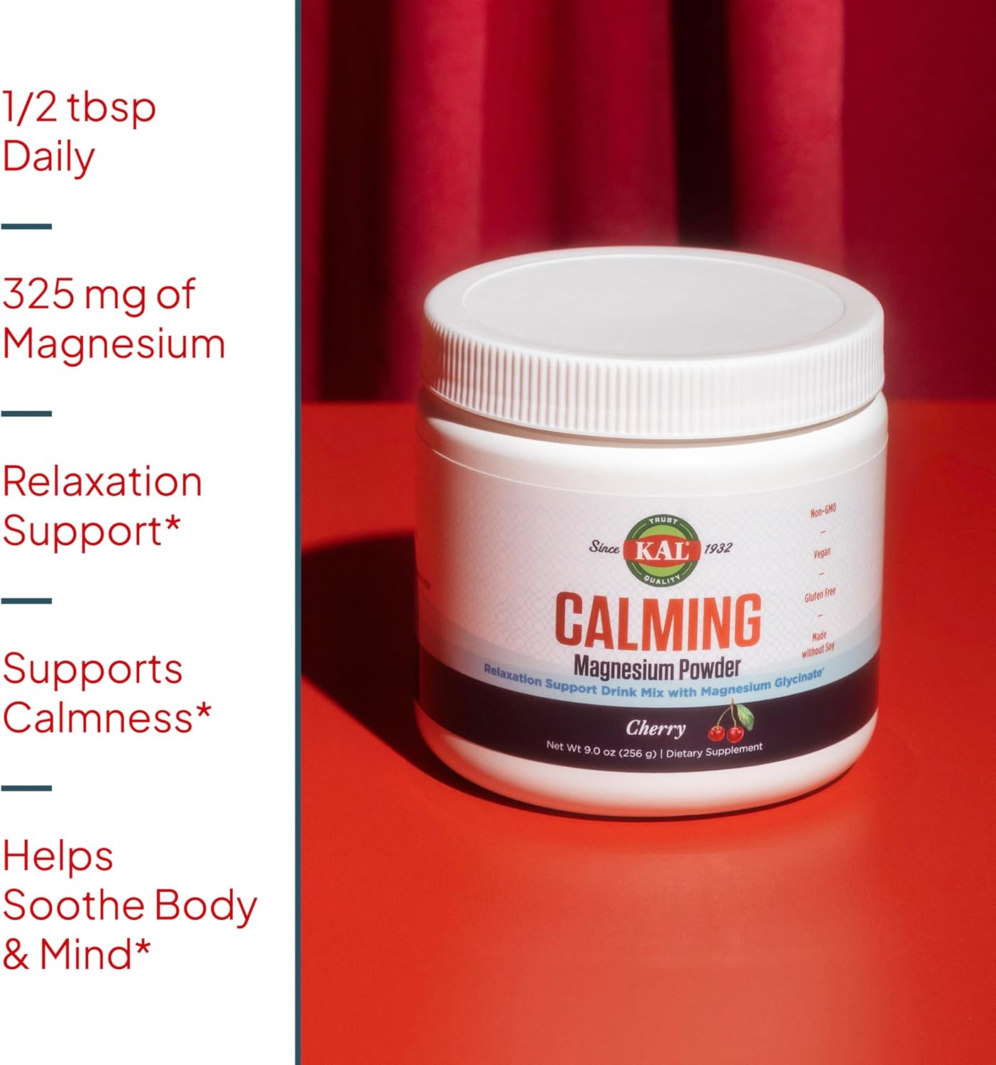 Cherry Flavored KAL Calming Magnesium Powder - High Absorption Vegan Supplement, Relaxation Support - 40 Servings, 9 oz