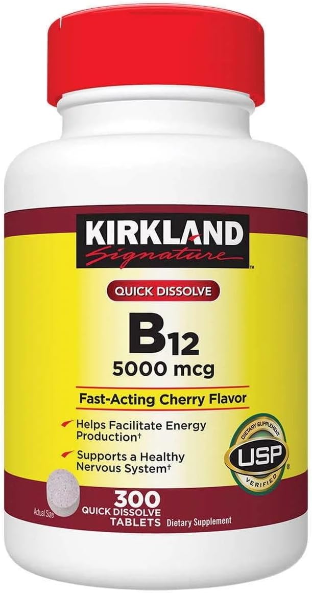 Cherry Flavored Kirkland Vitamin B12 Supplement - 300 Tablets for Energy Boost - 1 Pack