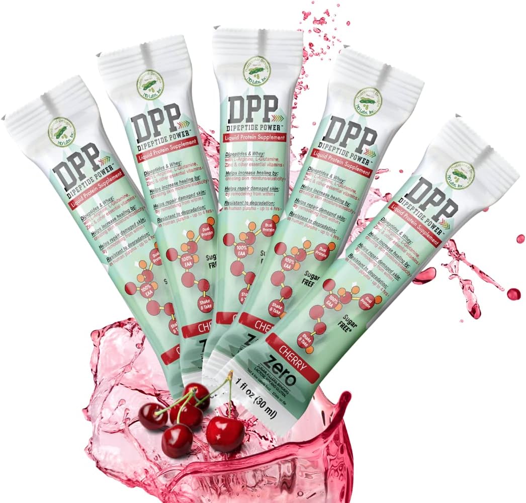 Cherry Flavored Liquid Collagen & Whey Protein Supplement, Sugar-Free, Promotes Healthy Skin & Hair, Dipeptide Power Formula, 25 Single Serve Packets
