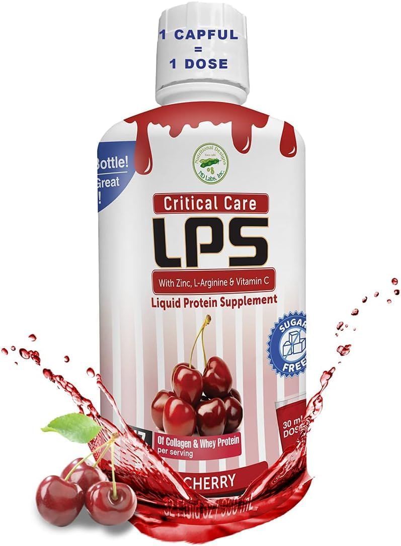 Cherry Flavored LPS Liquid Collagen & Whey Protein Supplement - Non-GMO, Sugar-Free Drink for Healthy Skin & Hair (Critical Care)