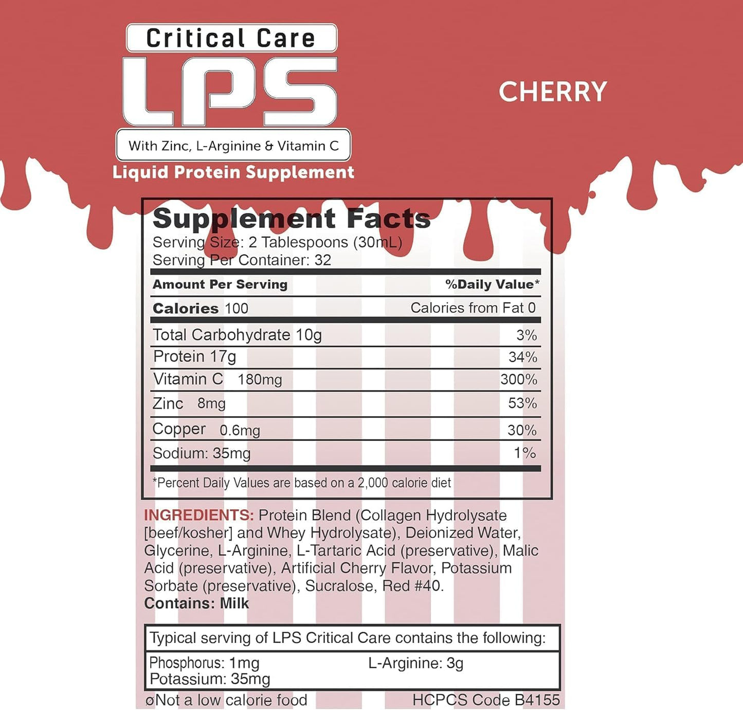 Cherry Flavored LPS Liquid Collagen & Whey Protein Supplement - Non-GMO, Sugar-Free Drink for Healthy Skin & Hair (Critical Care)