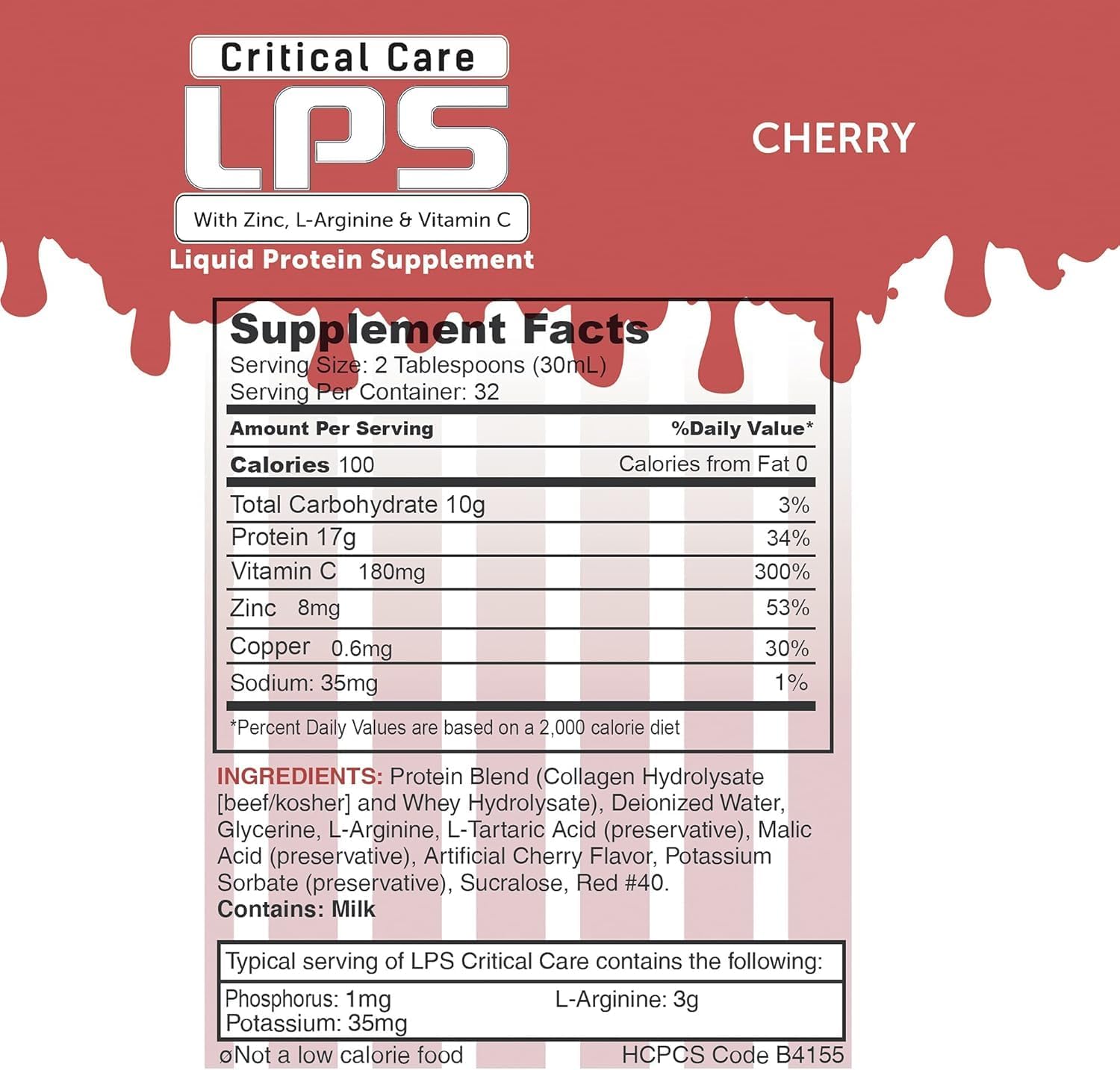 Cherry Flavored LPS Liquid Collagen & Whey Protein Supplement - Non-GMO, Sugar-Free Drink for Healthy Skin & Hair (Critical Care)