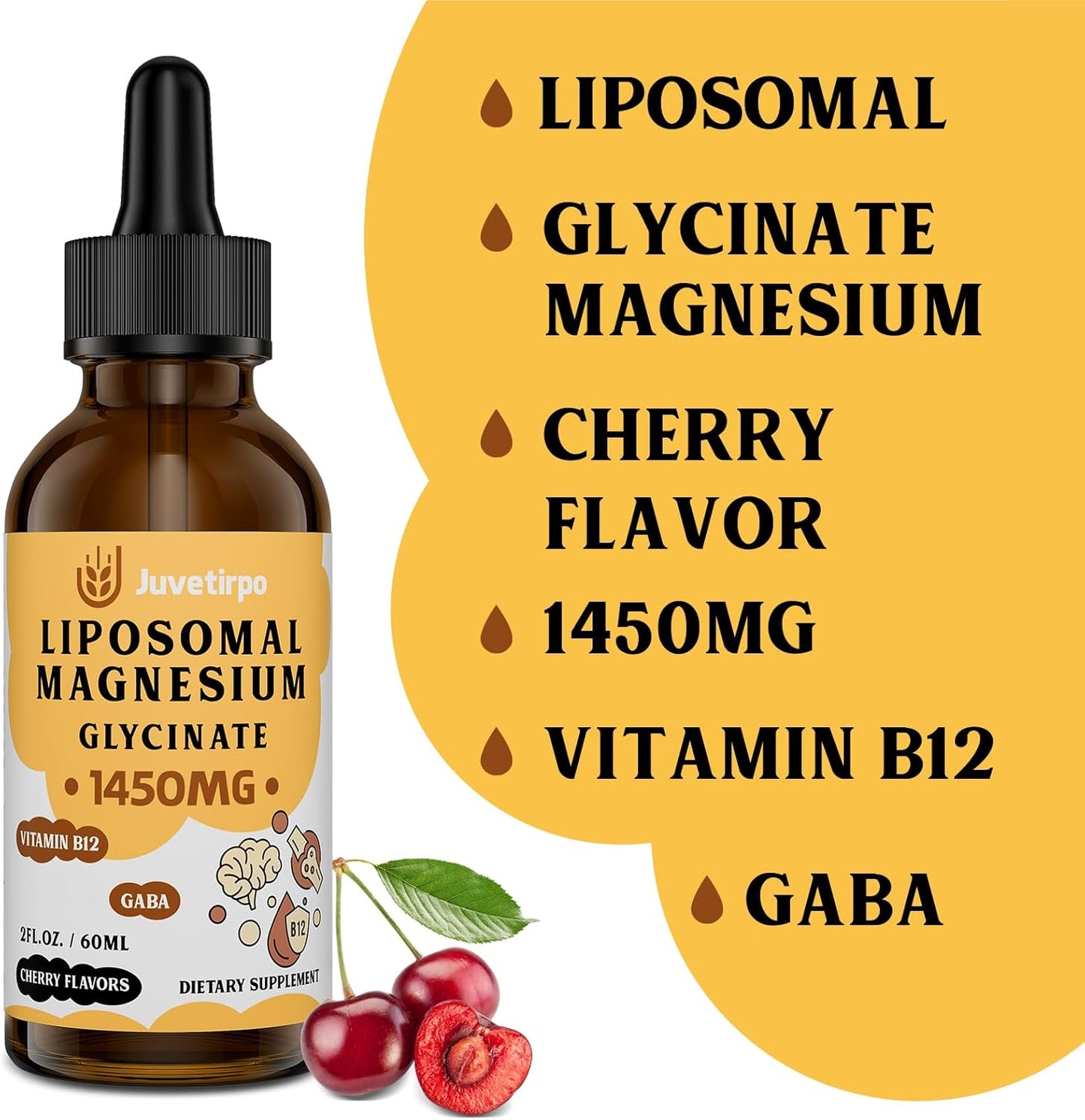 Cherry Flavored Magnesium Glycinate Liquid Drops for Sleep, Mood, and Bone Health - 60ML (2.04 Fl Oz) - Pack of 2