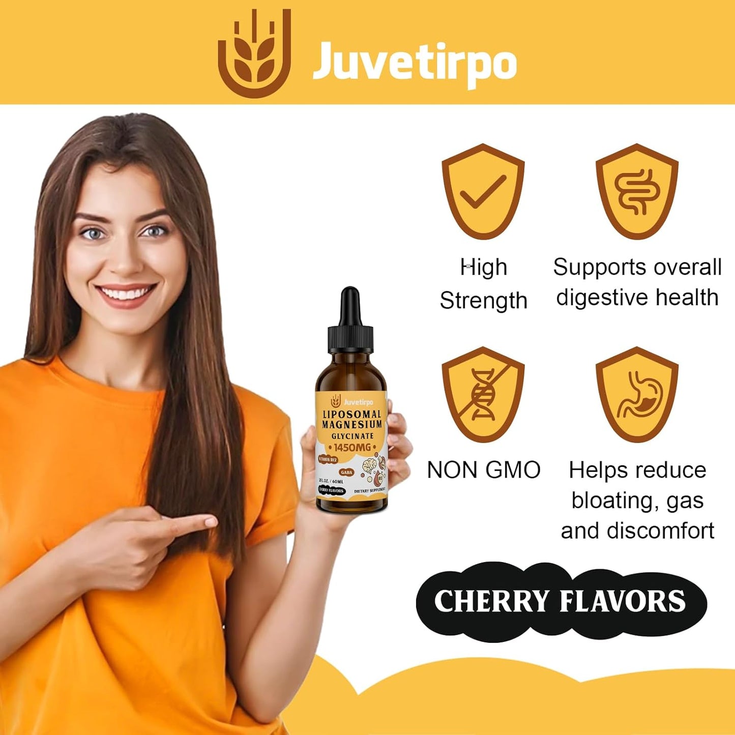Cherry-Flavored Magnesium Glycinate Liquid Drops for Sleep, Mood, Intestinal & Bone Health - Stress Reducing Liposomal Chelate - 60ML (Pack of 4)