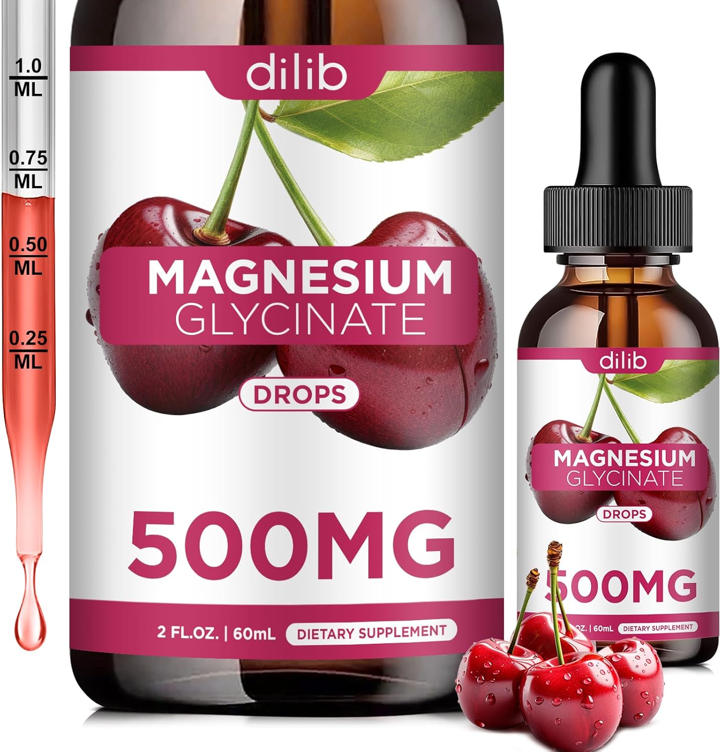 Cherry Flavored Magnesium Glycinate Liquid Drops Supplement with Calcium, Zinc, Vitamin B6, D3, L-Theanine, Omega 3 for Sleep, Mood, Stress Relief, Bone, Muscle