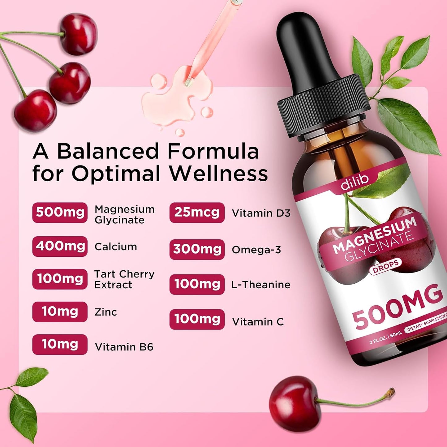 Cherry Flavored Magnesium Glycinate Liquid Drops Supplement with Calcium, Zinc, Vitamin B6, D3, L-Theanine, Omega 3 for Sleep, Mood, Stress Relief, Bone, Muscle
