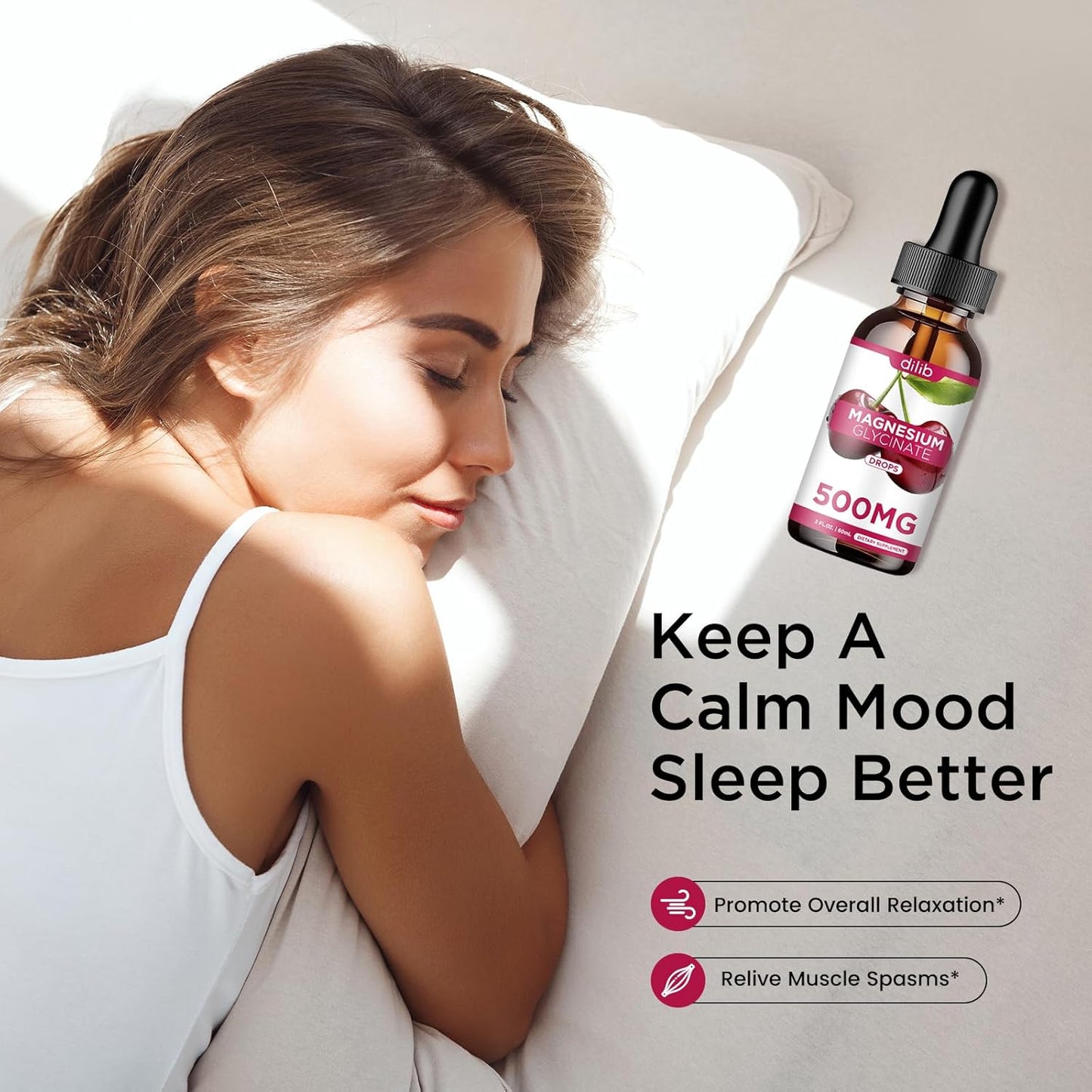 Cherry Flavored Magnesium Glycinate Liquid Drops Supplement with Calcium, Zinc, Vitamin B6, D3, L-Theanine, Omega 3 for Sleep, Mood, Stress Relief, Bone, Muscle