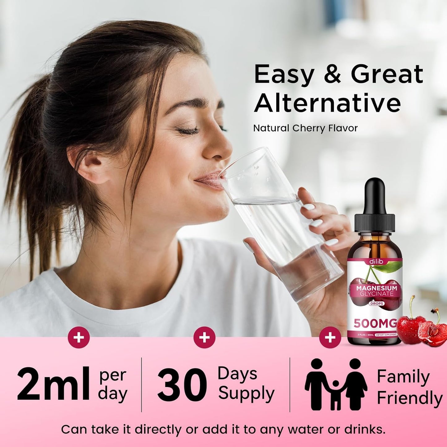 Cherry Flavored Magnesium Glycinate Liquid Drops Supplement with Calcium, Zinc, Vitamin B6, D3, L-Theanine, Omega 3 for Sleep, Mood, Stress Relief, Bone, Muscle