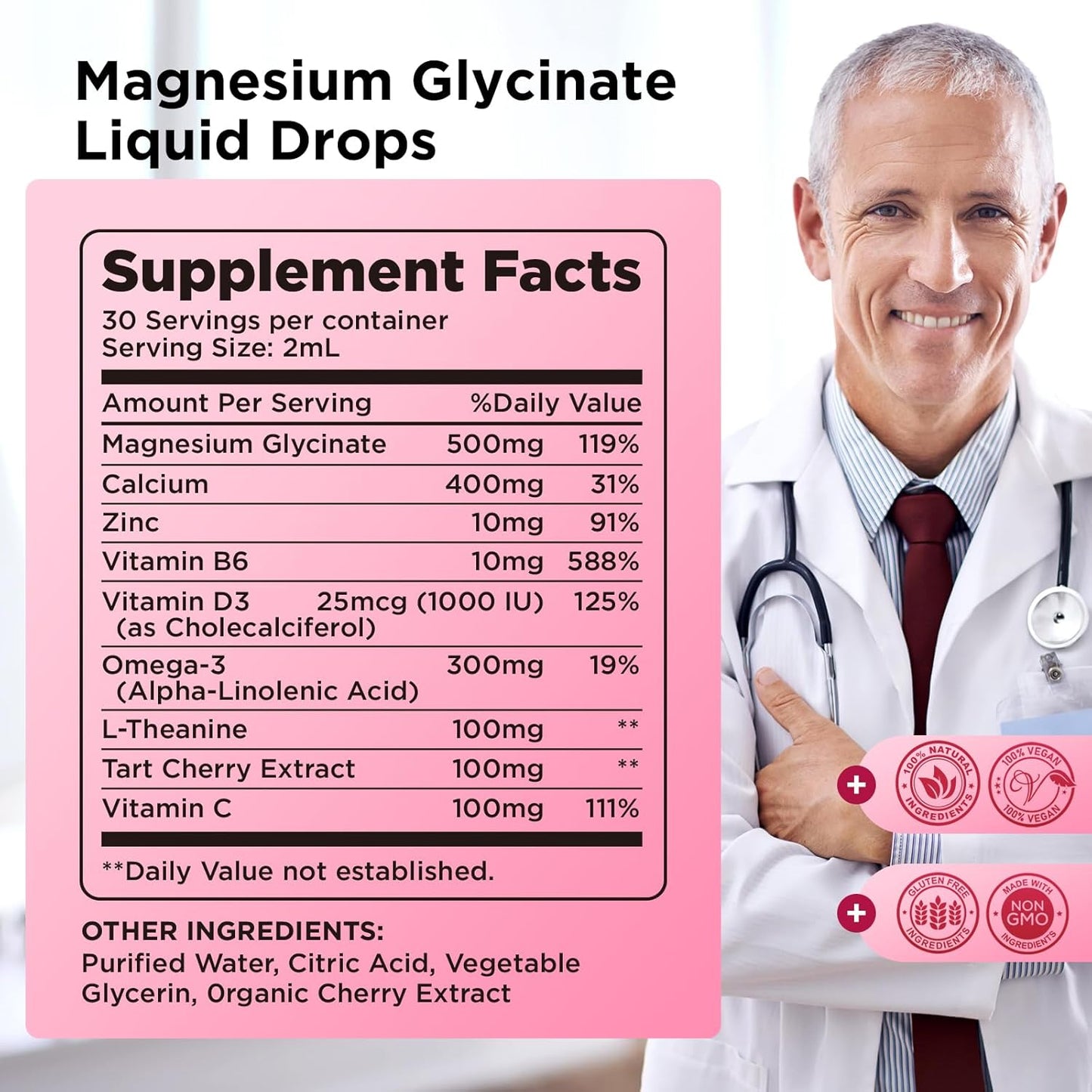 Cherry Flavored Magnesium Glycinate Liquid Drops Supplement with Calcium, Zinc, Vitamin B6, D3, L-Theanine, Omega 3 for Sleep, Mood, Stress Relief, Bone, Muscle