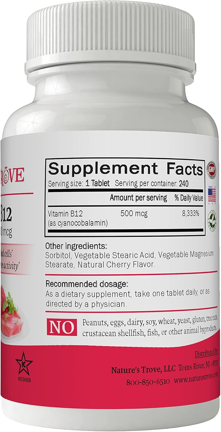 Cherry Flavored Vitamin B12 500 mcg - 240 EZ Chew Tablets by Nature's Trove