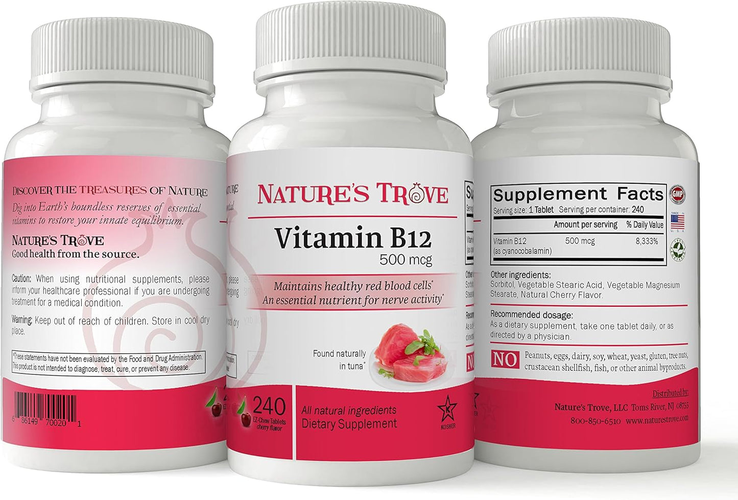 Cherry Flavored Vitamin B12 500 mcg - 240 EZ Chew Tablets by Nature's Trove