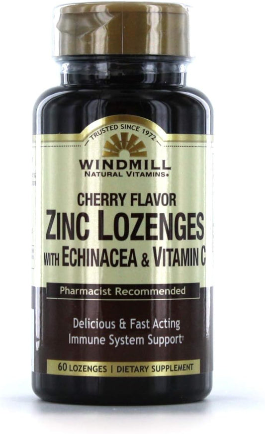 Cherry Flavored Windmill Zinc Lozenges with Echinacea & Vitamin C - 60 Count