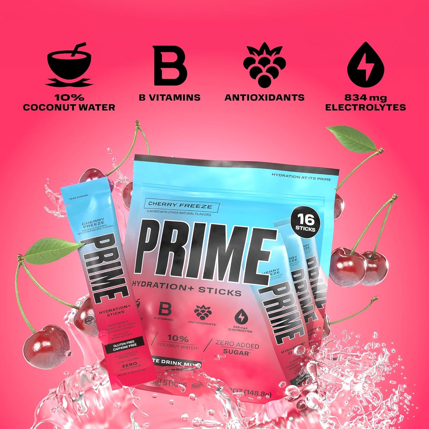 Cherry Freeze Hydration Powder Sticks - Electrolytes, BCAAs, B Vitamins - 48 Single Serve Sticks, Low Sugar, Vegan