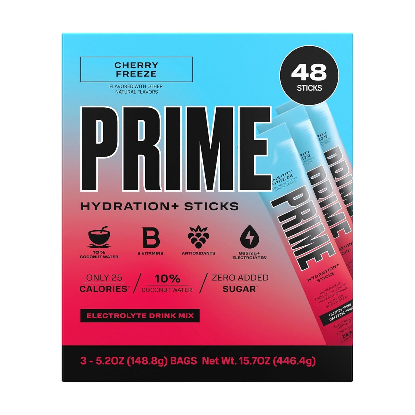Cherry Freeze Hydration Powder Sticks - Electrolytes, BCAAs, B Vitamins - 48 Single Serve Sticks, Low Sugar, Vegan