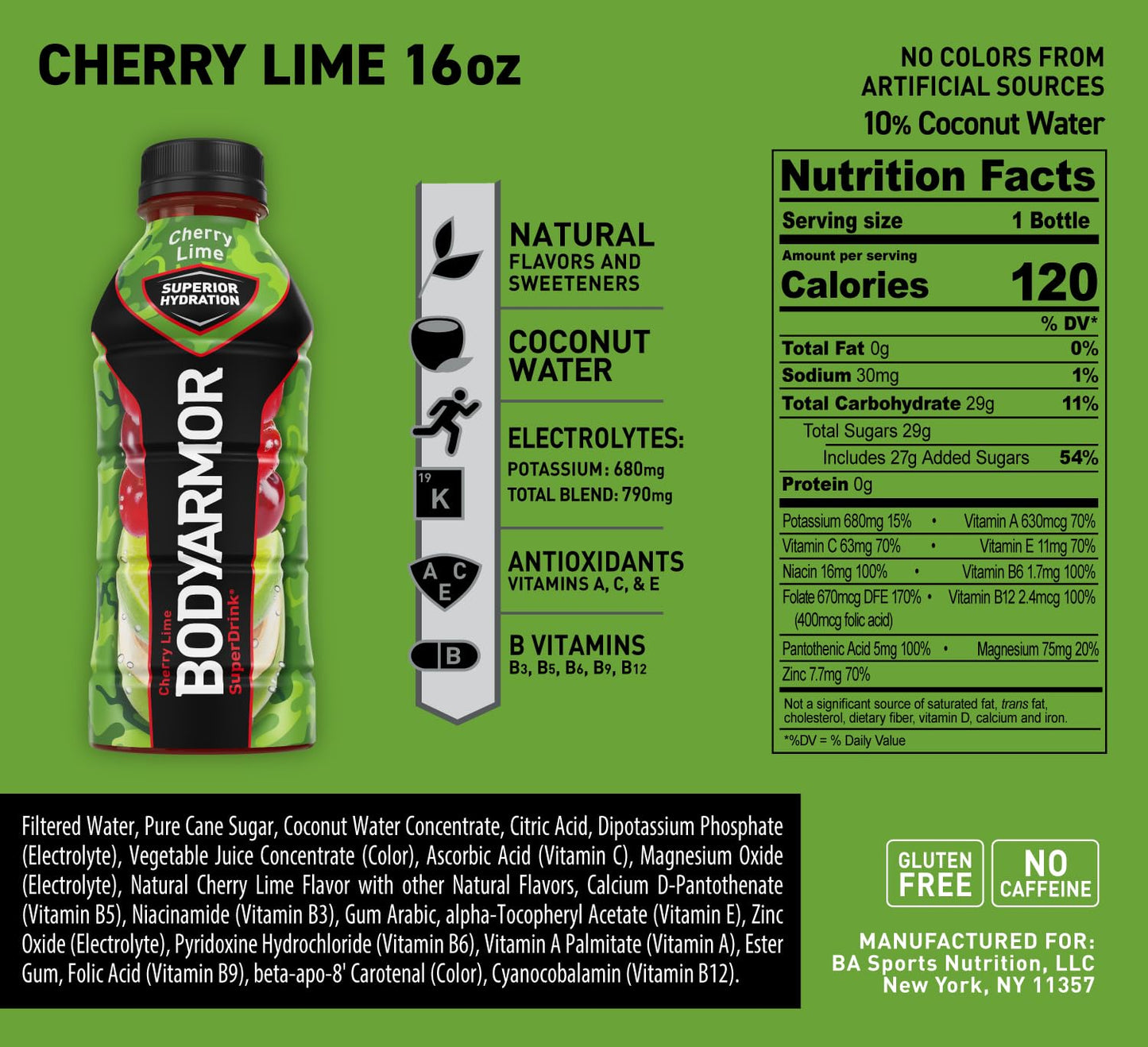 Cherry Lime BODYARMOR Sports Drink with Electrolytes and Vitamins - Pack of 12 - 16 Fl Oz Bottles