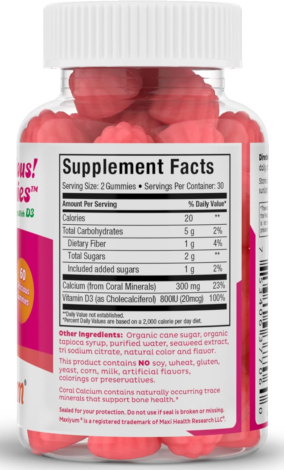Chewable Calcium Gummies with Vitamin D3 - 60 Count, 300mg Coral Calcium & 1000IU Vitamin D - Kosher Calcium D3 Supplement for Adults, Women, Men, Kids