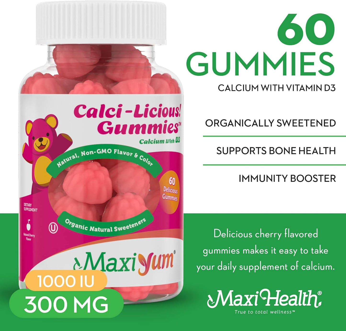 Chewable Calcium Gummies with Vitamin D3 - 60 Count, 300mg Coral Calcium & 1000IU Vitamin D - Kosher Calcium D3 Supplement for Adults, Women, Men, Kids