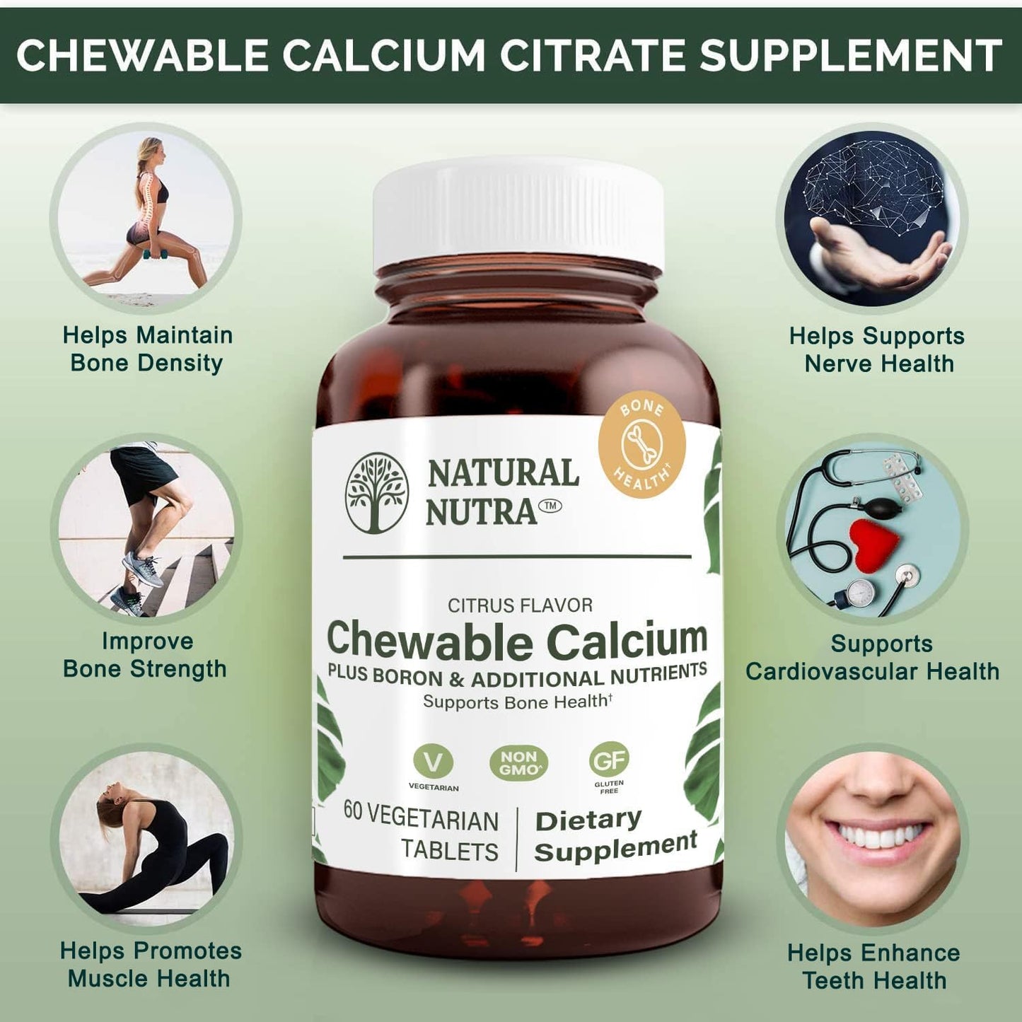 Chewable Calcium Supplement for Bone Strength and Overall Health, 60 Tablets