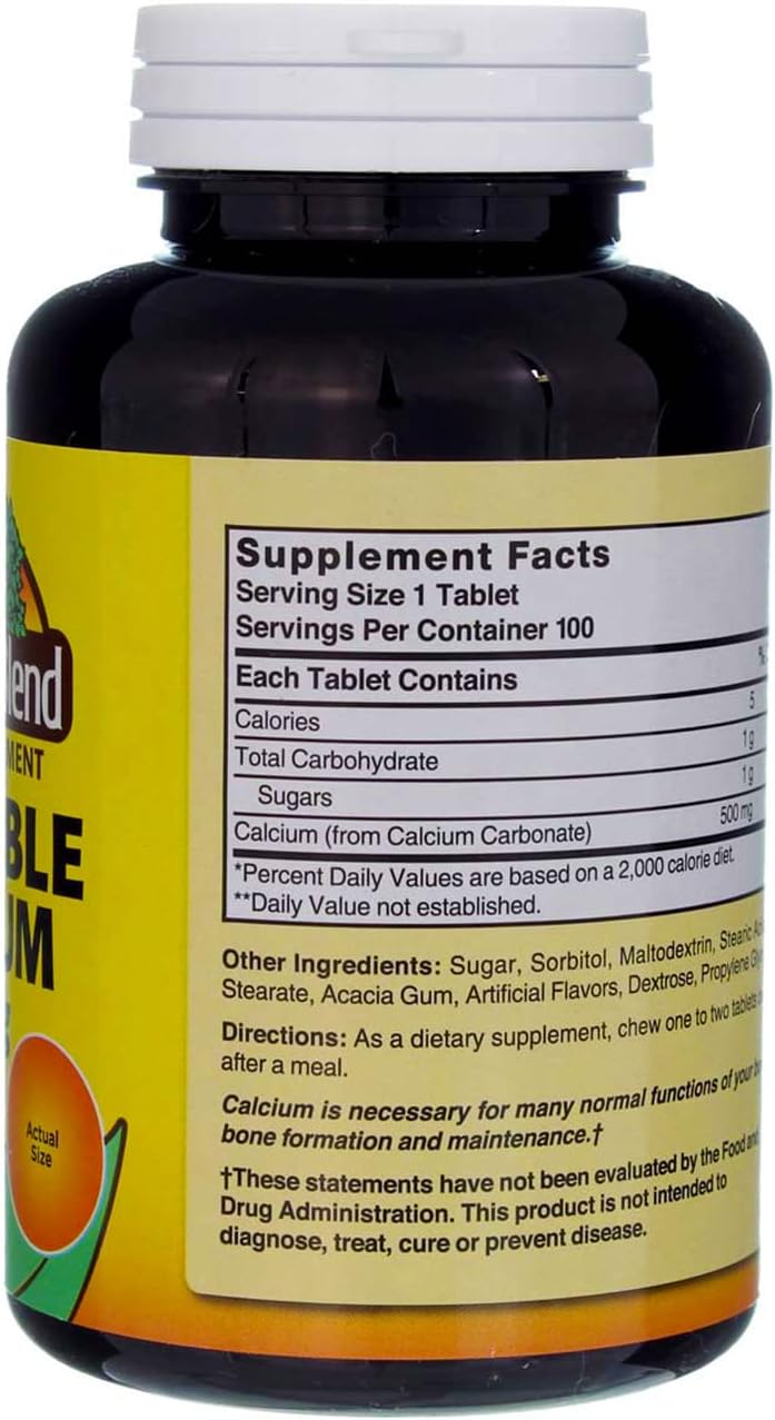 Chewable Calcium Tablets 500mg - Pack of 5, 100 Tablets - Nature's Blend