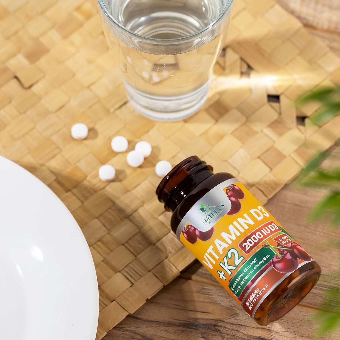 Chewable Cherry Vitamin D3 K2 Tablets for Immune & Heart Health - 2-in-1 Supplement with 2000 iu D3 & 75 mcg K2 MK7 - Supports Calcium Absorption & Bone Health - 60 Tablets