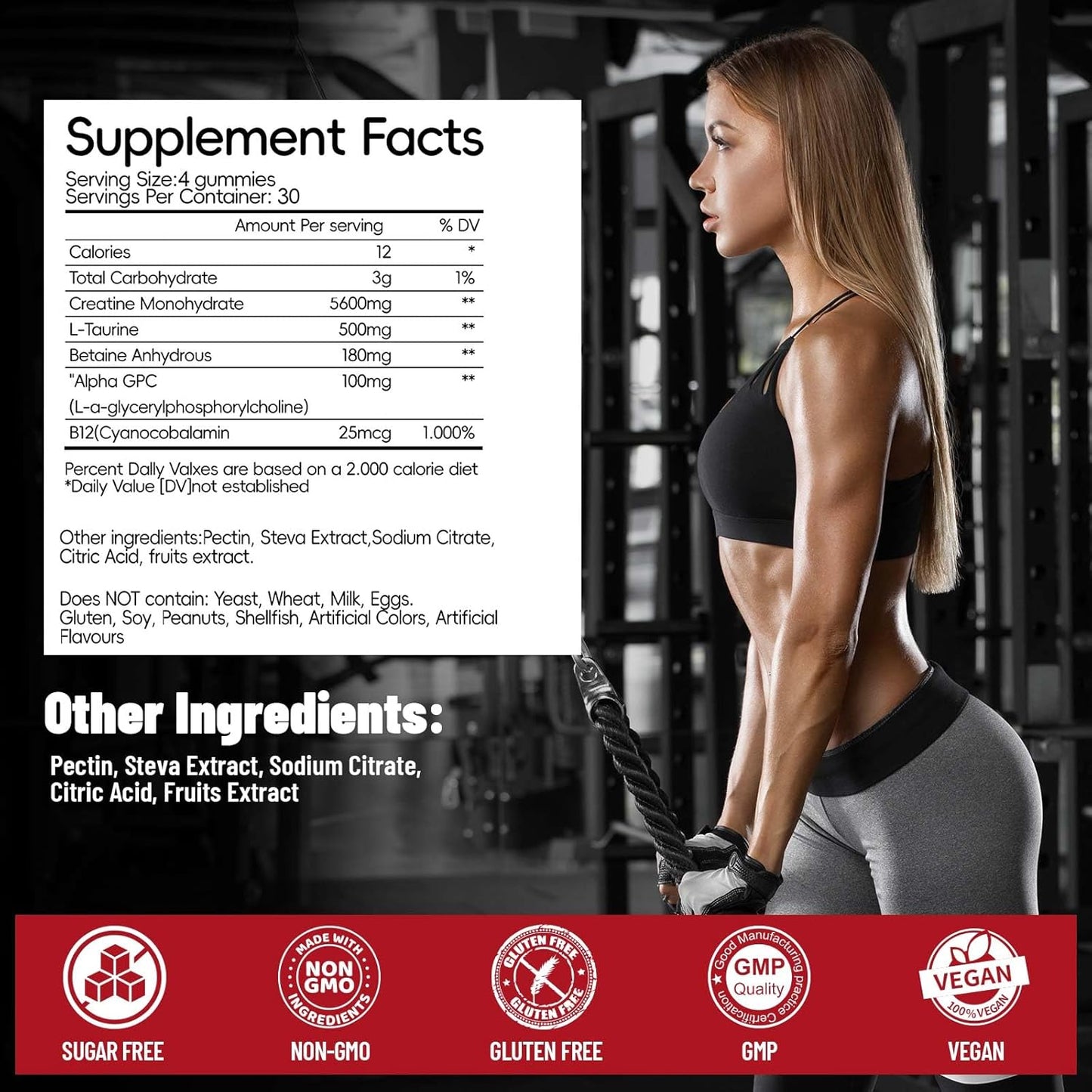 Chewable Creatine Monohydrate Gummies - 120 CT, 5600mg per Serving, Muscle Support & Energy Boost, Sugar-Free, Vegan Raspberry Flavor - Men & Women