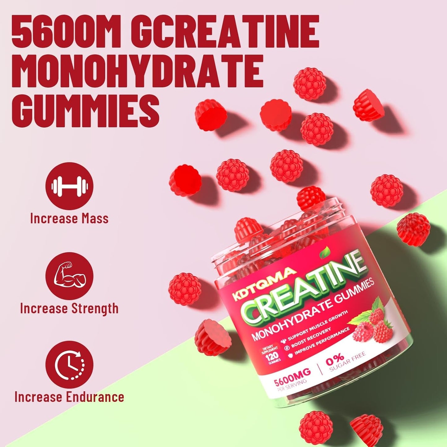 Chewable Creatine Monohydrate Gummies - 120 CT, 5600mg per Serving, Muscle Support & Energy Boost, Sugar-Free, Vegan Raspberry Flavor - Men & Women