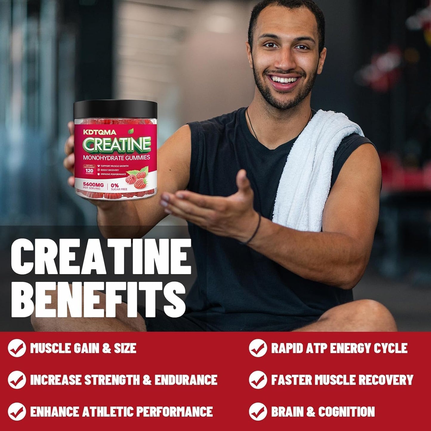 Chewable Creatine Monohydrate Gummies - 120 CT, 5600mg per Serving, Muscle Support & Energy Boost, Sugar-Free, Vegan Raspberry Flavor - Men & Women