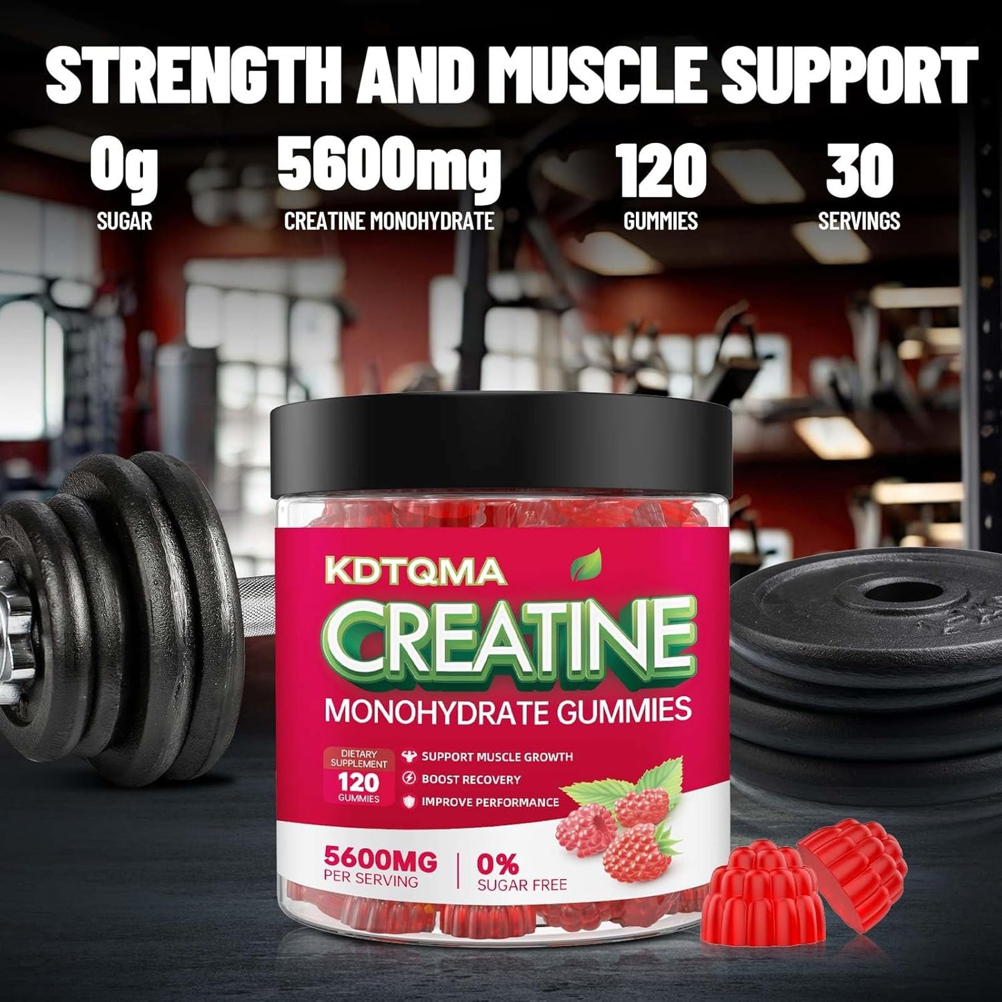 Chewable Creatine Monohydrate Gummies - 120 CT, 5600mg per Serving, Muscle Support & Energy Boost, Sugar-Free, Vegan Raspberry Flavor - Men & Women