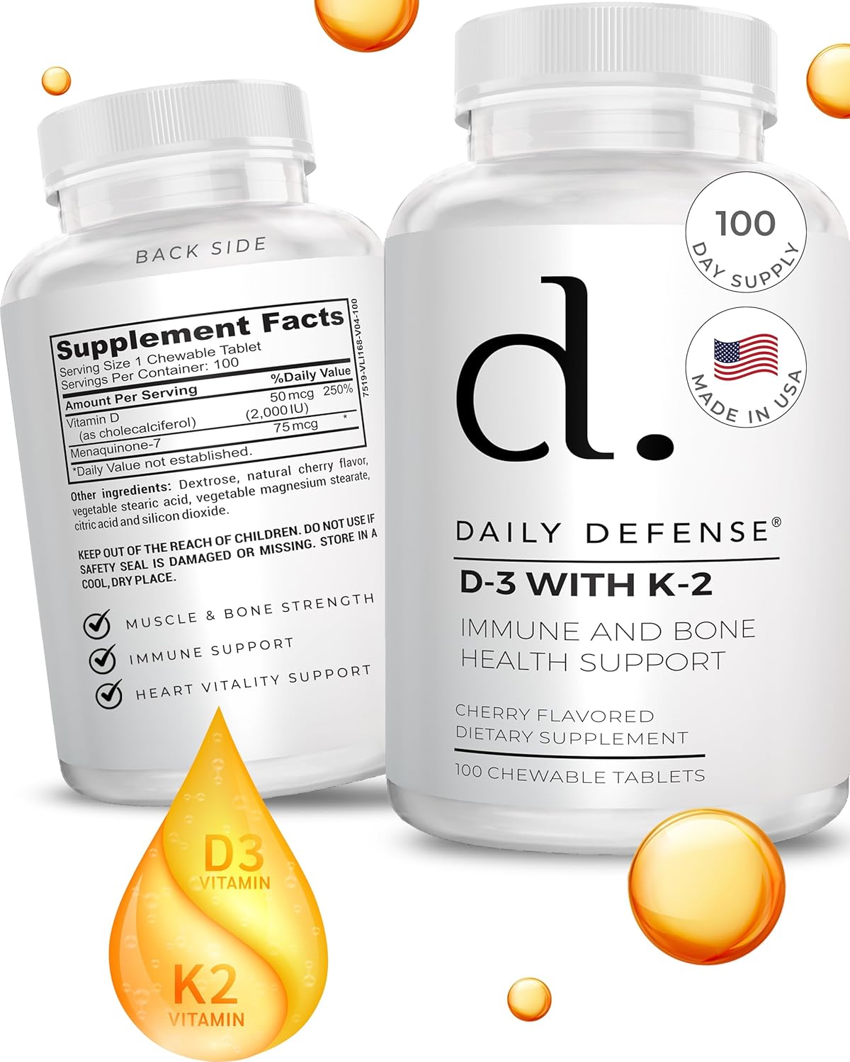 Chewable Daily Defense Vitamin D3 K2 Supplements for Heart Health & Immune Support - 100 Tablets