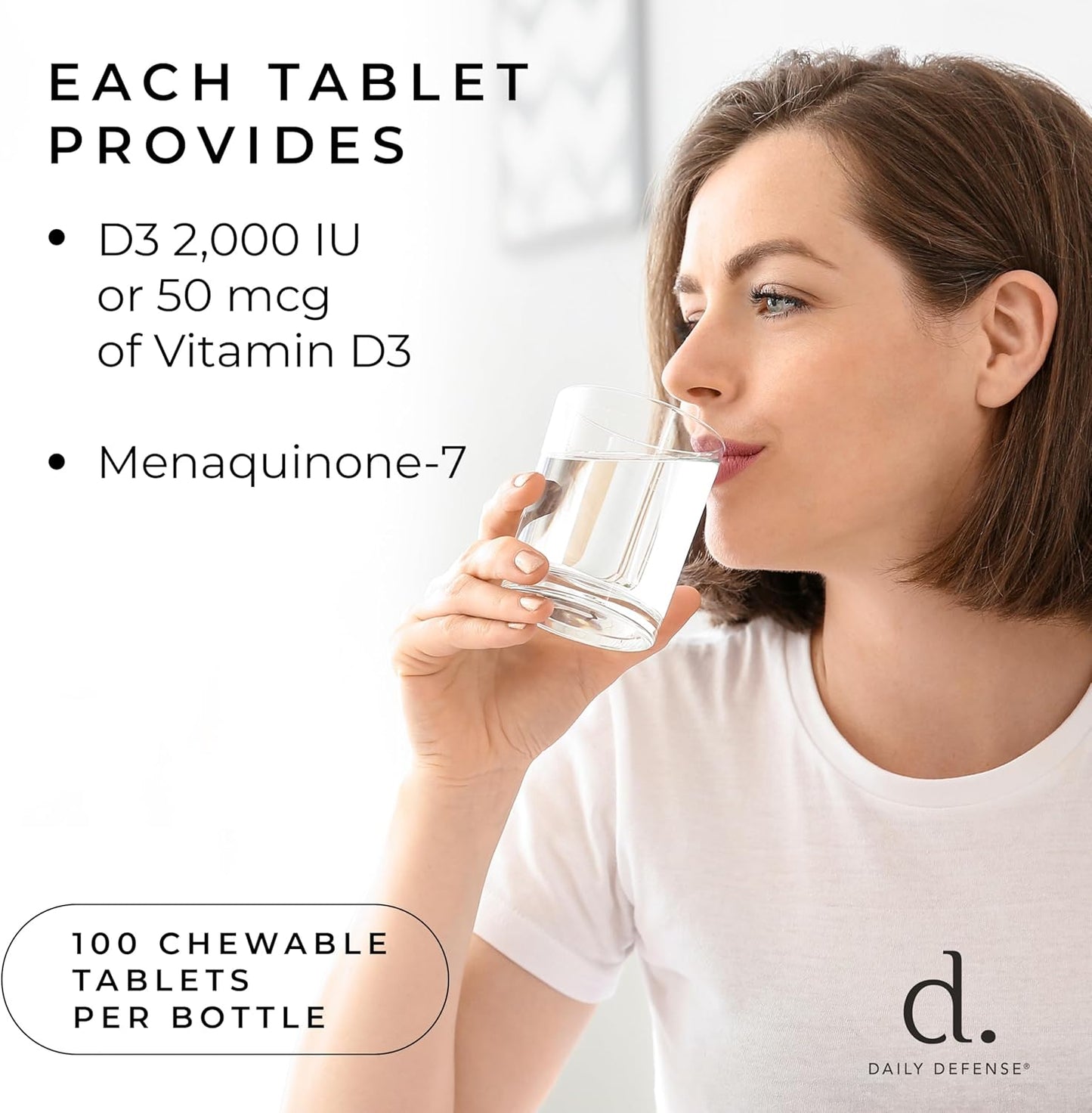 Chewable Daily Defense Vitamin D3 K2 Supplements for Heart Health & Immune Support - 100 Tablets