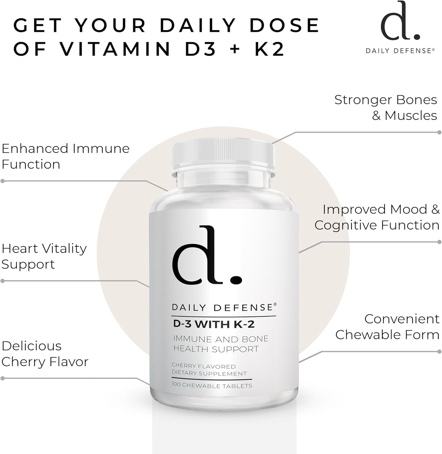Chewable Daily Defense Vitamin D3 K2 Supplements for Heart Health & Immune Support - 100 Tablets