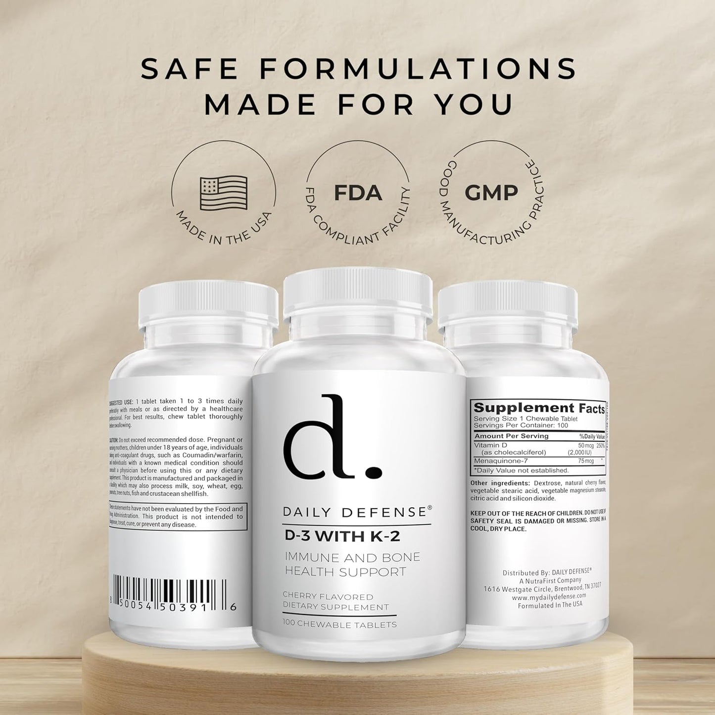 Chewable Daily Defense Vitamin D3 K2 Supplements for Heart Health & Immune Support - 100 Tablets