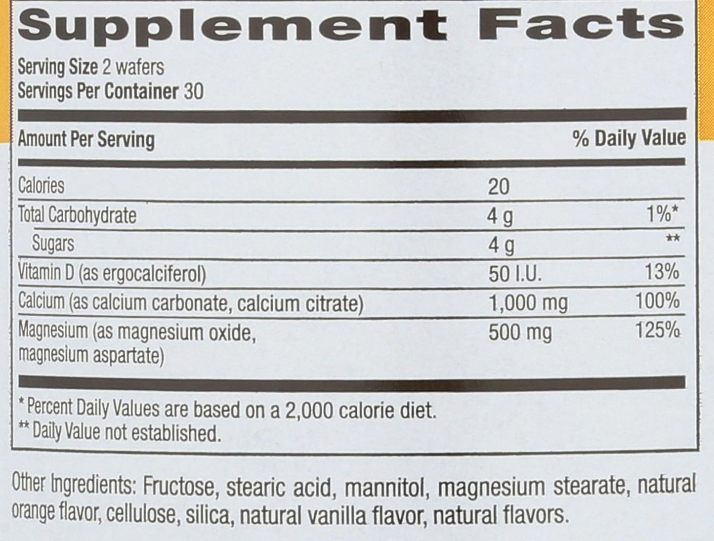Chewable Dairy-Free Calcium Magnesium with Vitamin D Wafers, Vanilla Orange Flavor - 60 Count, Gluten Free & Vegan Certified