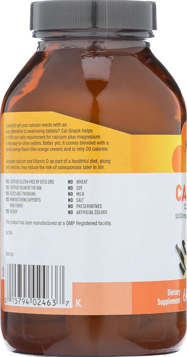 Chewable Dairy-Free Calcium Magnesium with Vitamin D Wafers, Vanilla Orange Flavor - 60 Count, Gluten Free & Vegan Certified