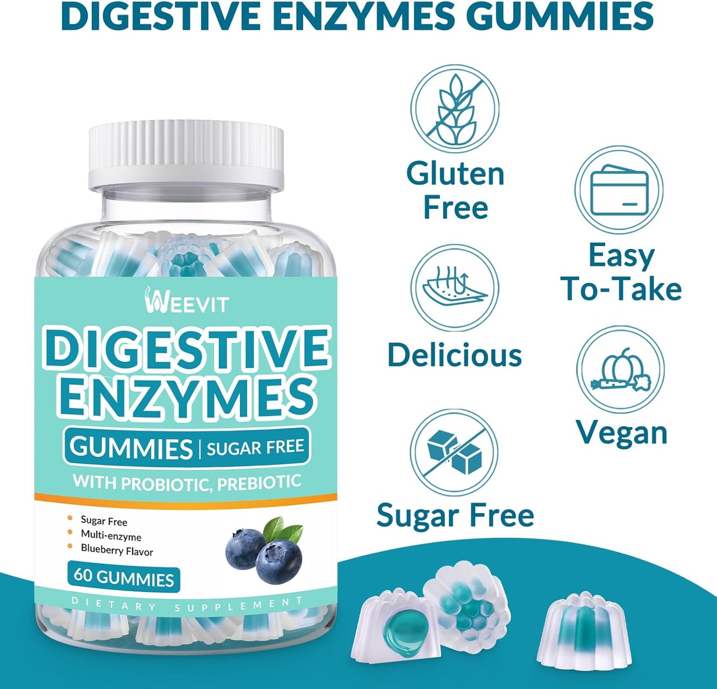 Chewable Digestive Enzymes Gummies with Probiotics & Prebiotics - Blueberry Flavored, Sugar-Free, Vegan for Men and Women