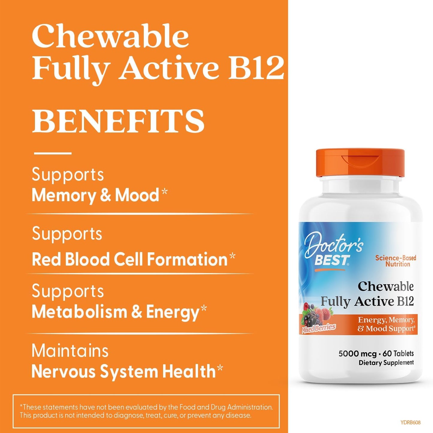 Chewable Doctor's Best B12 for Energy, Memory, Mood Support - Non-GMO, Gluten Free, Soy Free, Vegan - 60 Tablets - BoostGo Australia