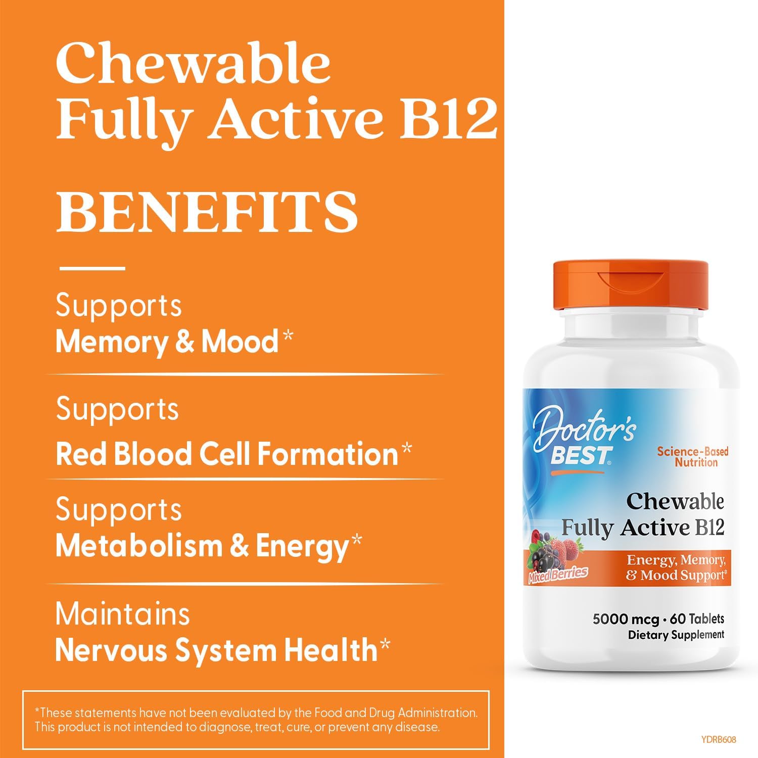 Chewable Doctor's Best B12 for Energy, Memory, Mood Support - Non-GMO, Gluten Free, Soy Free, Vegan - 60 Tablets - BoostGo Australia