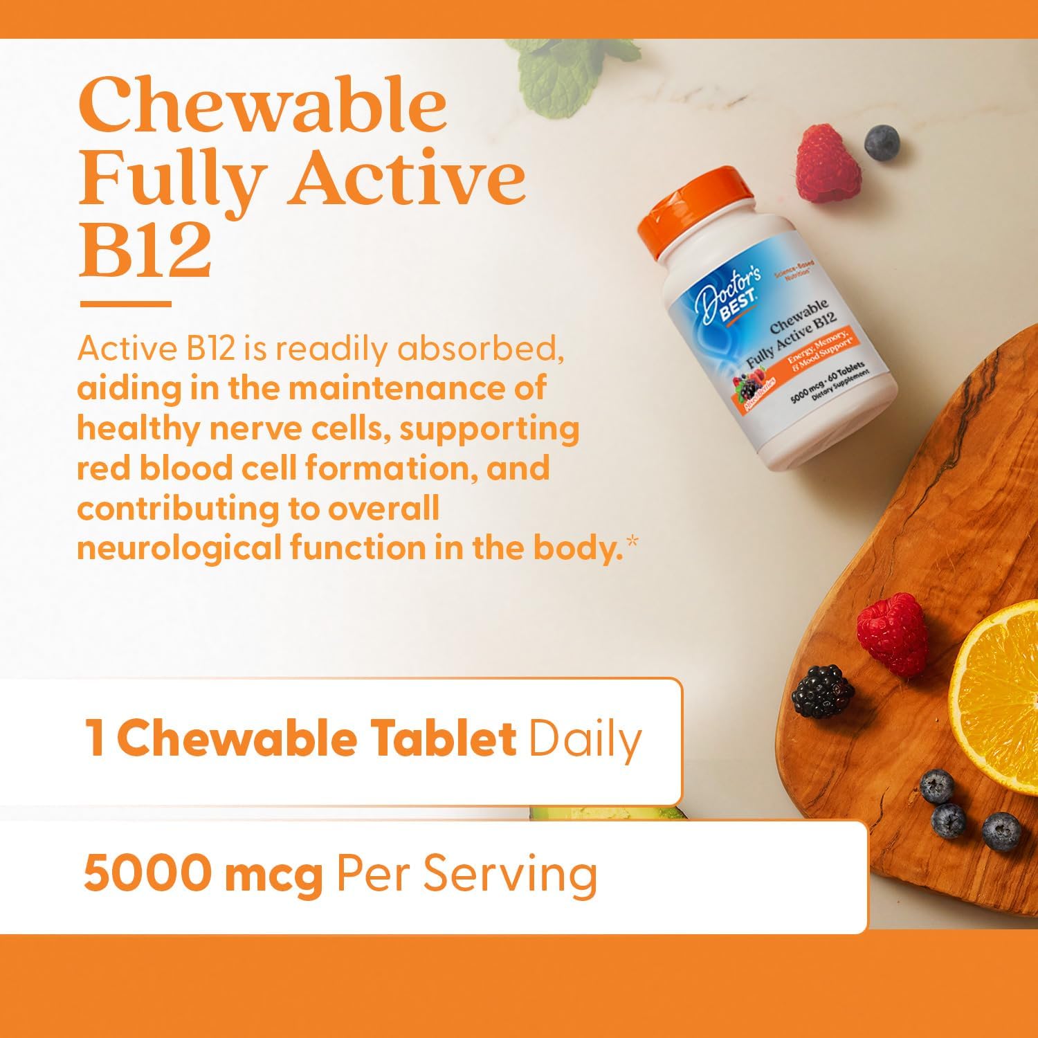 Chewable Doctor's Best B12 for Energy, Memory, Mood Support - Non-GMO, Gluten Free, Soy Free, Vegan - 60 Tablets - BoostGo Australia