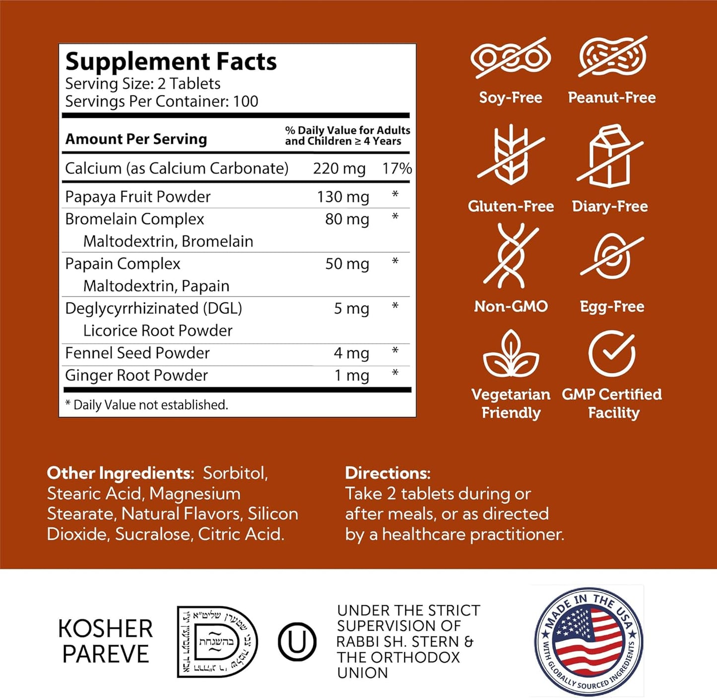 Chewable Fruit-Based Digestive Enzymes with Papaya & Pineapple for Digestion - Kosher Gluten Free (100 Tablets)