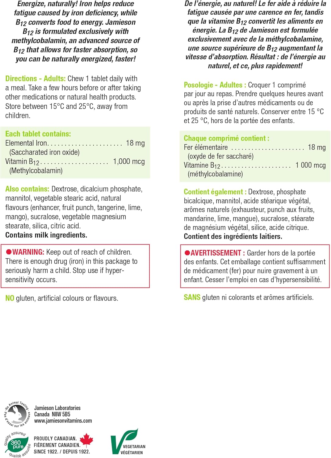 Chewable Iron + Vitamin B12 Supplements by Jamieson - 45 Tabs