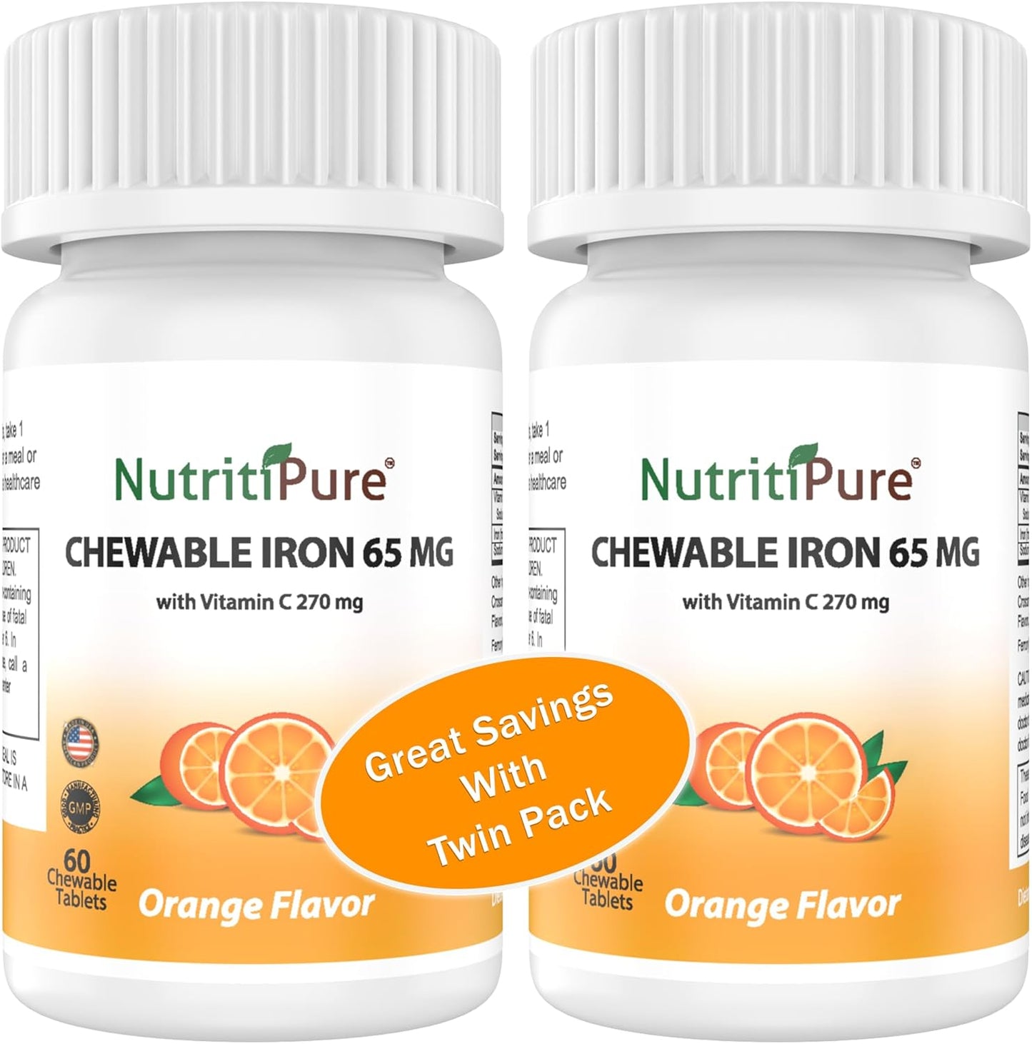 Chewable Iron with Vitamin C 65mg - Orange Flavored Tablets 60 Count - Pack of 2