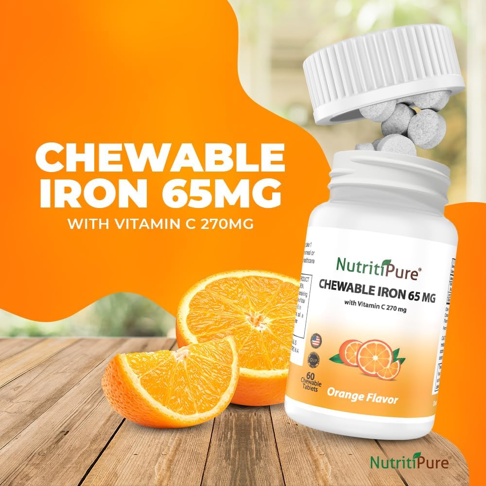 Chewable Iron with Vitamin C 65mg - Orange Flavored Tablets 60 Count - Pack of 2