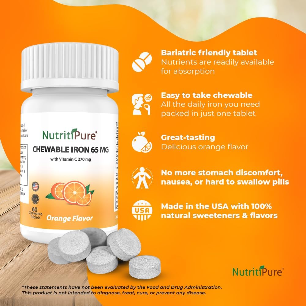 Chewable Iron with Vitamin C 65mg - Orange Flavored Tablets 60 Count - Pack of 2