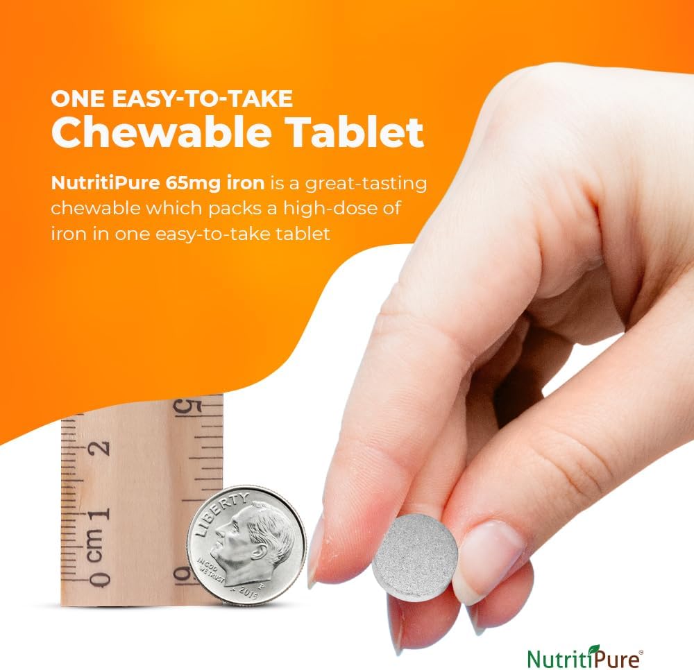 Chewable Iron with Vitamin C 65mg - Orange Flavored Tablets 60 Count - Pack of 2