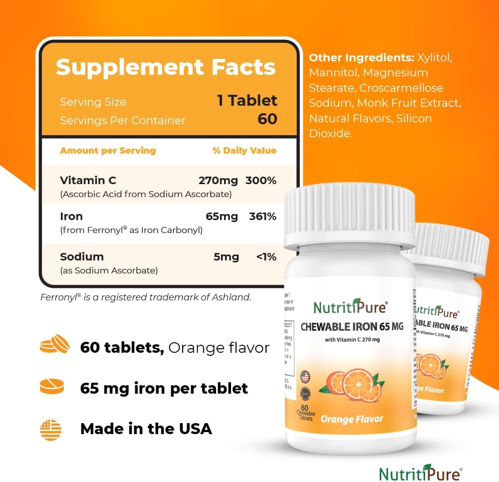Chewable Iron with Vitamin C 65mg - Orange Flavored Tablets 60 Count - Pack of 2